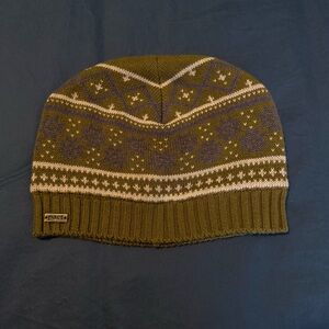 Pact Olive Knit Beanie with Purple and Cream Fair Isle Pattern